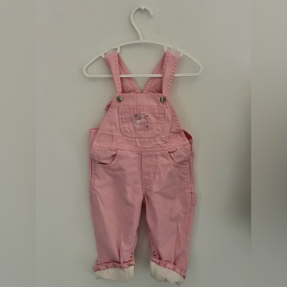 Y2K Vintage Faded Glory Baby Overalls – Pink 6–9M – Rocking Horse Embroidery